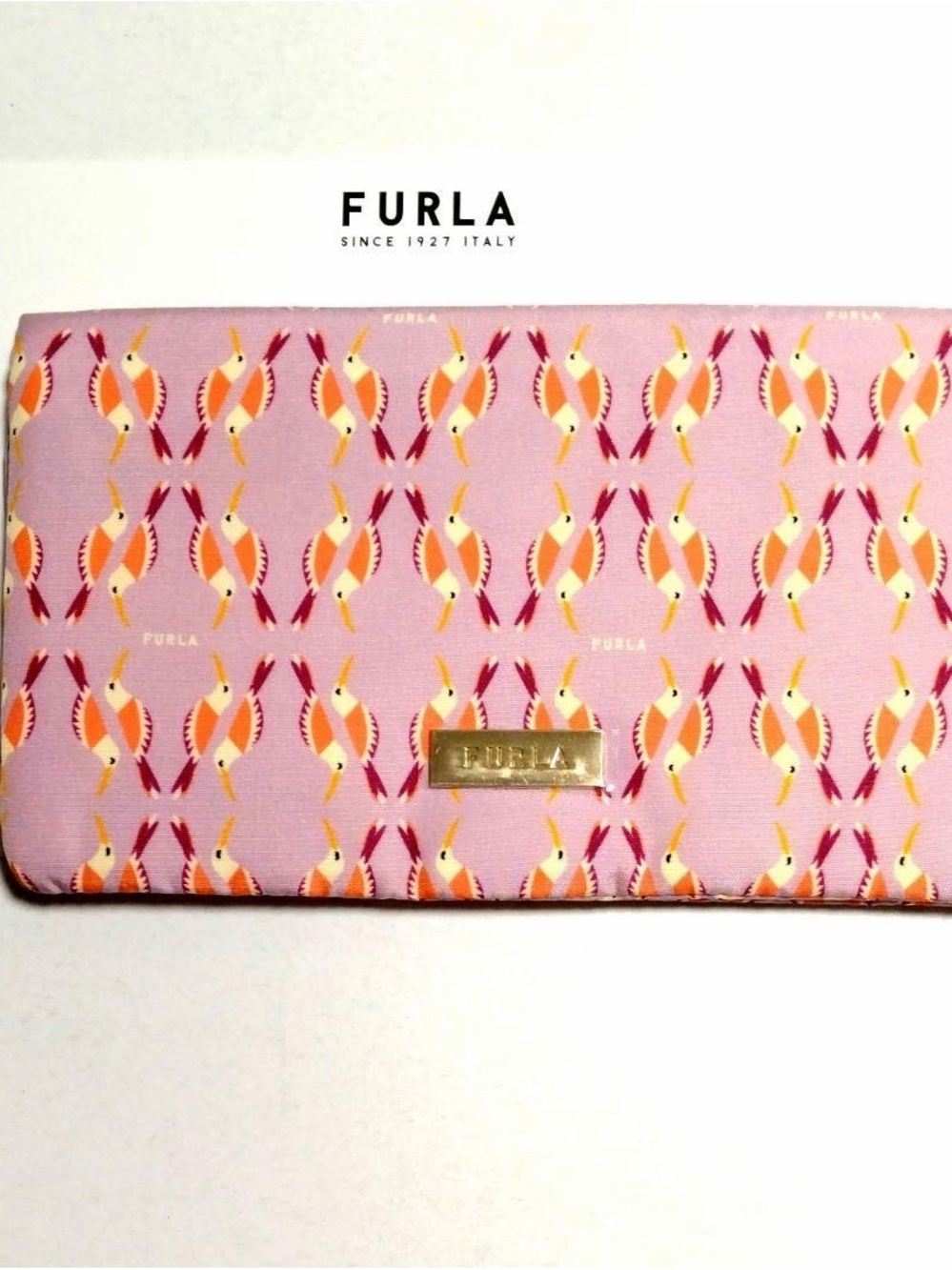 Furla Pink Bird Print Wallet Clutch Gold Logo Continental Wallet - Picture 2 of 2